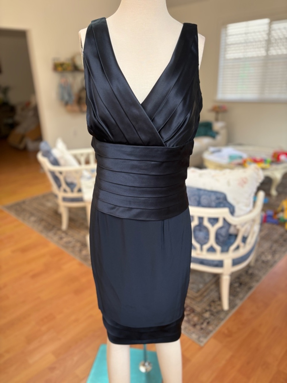 Chetta B Black Satin V-Neck Mini Dress with Wide Ruched Waistband